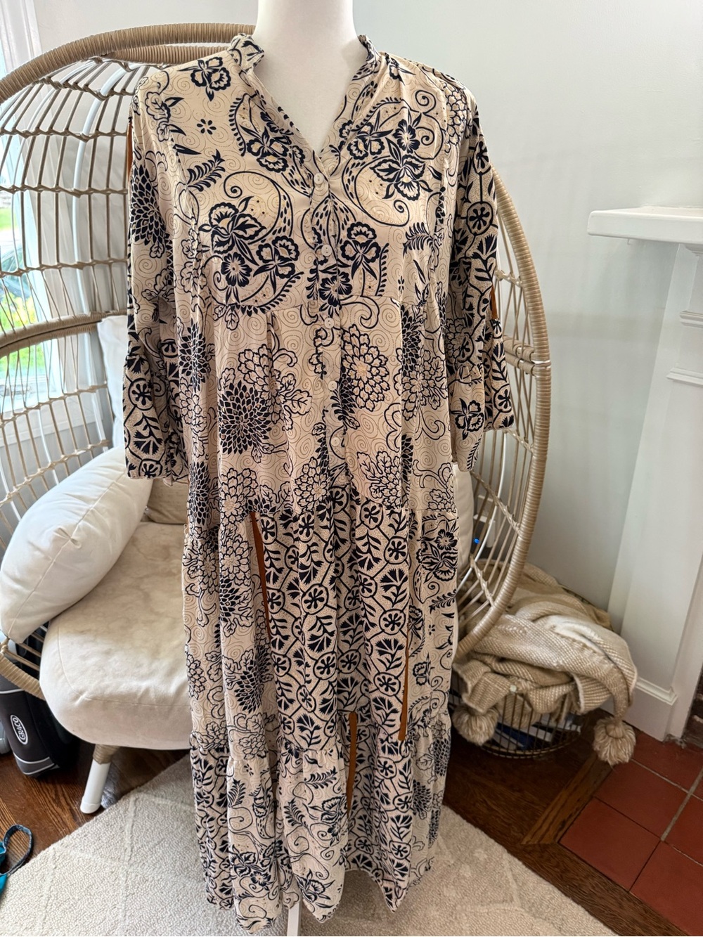 By Siya Boho Patchwork Floral Maxi Dress Medium Navy Cream Gold